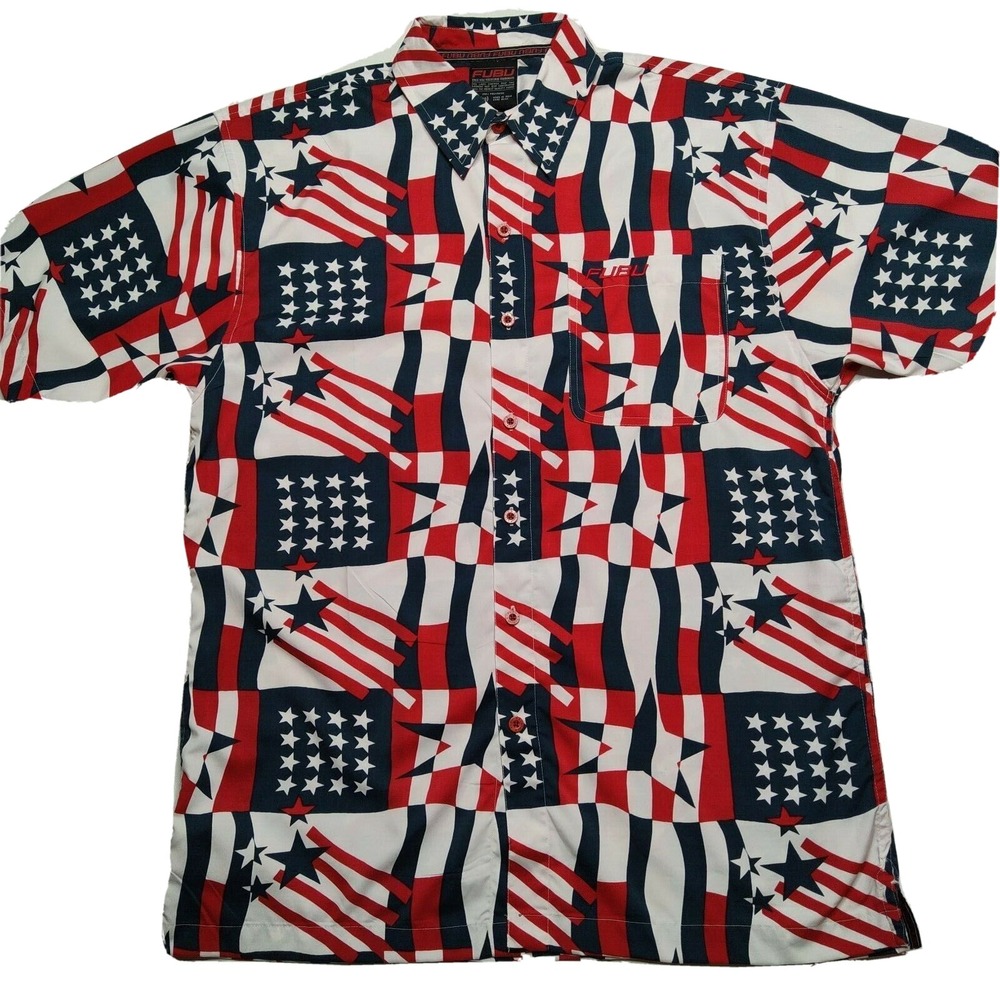 FUBU USA Flag AOP American Patriotic Boys XL (20) Button Shirt‎ EUC